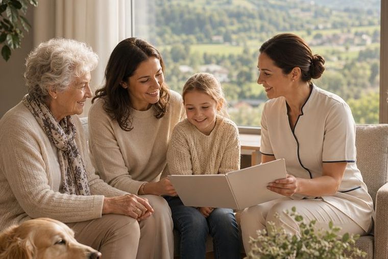 Drei Generationen auf dem Sofa, gemeinsam am Tablet