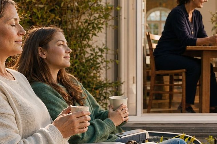 Zwei Frauen im Garten, eine entlastet die andere