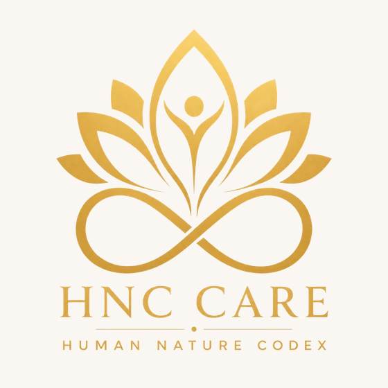 HNC-Care-Signet: goldene Lotusblüte über einer liegenden Acht, darunter der Schriftzug HNC Care — Human Nature Codex