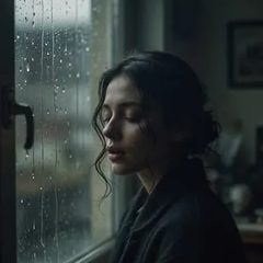 Eine Frau am Regenfenster, die Augen geschlossen