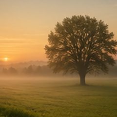 Ein einzelner Baum auf einer Nebelwiese im Sonnenaufgang
