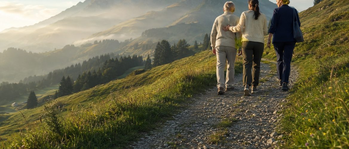 Zwei Menschen gehen einen ansteigenden Weg im Alpenlicht, die jüngere stützt die ältere