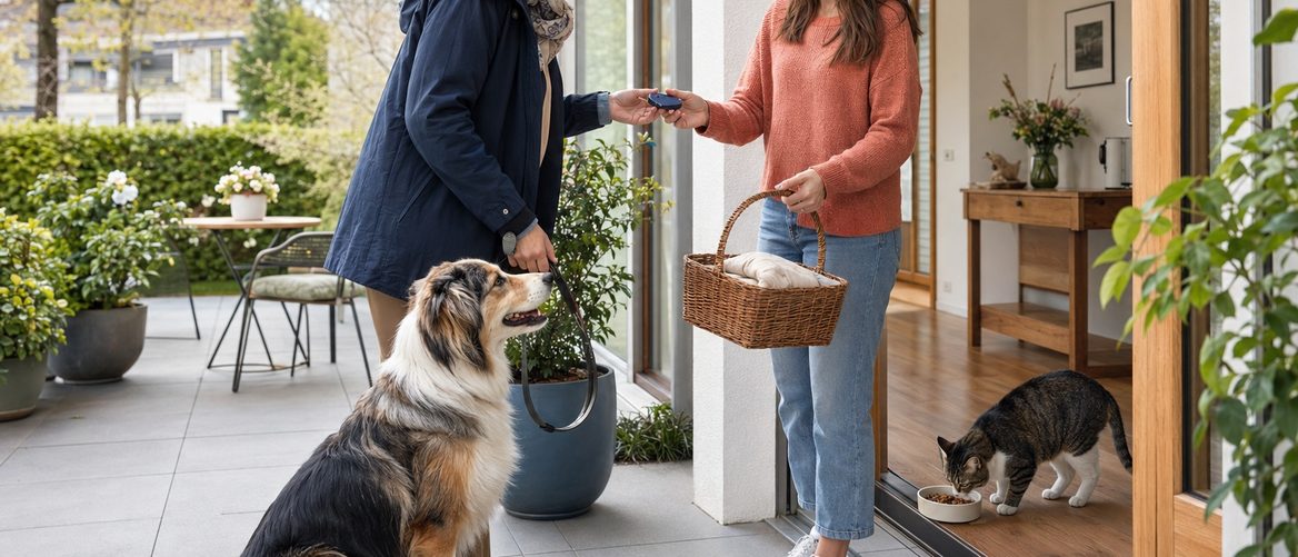Eine Frau öffnet die Haustür und begrüsst eine Besucherin, ein Hund steht neben ihr
