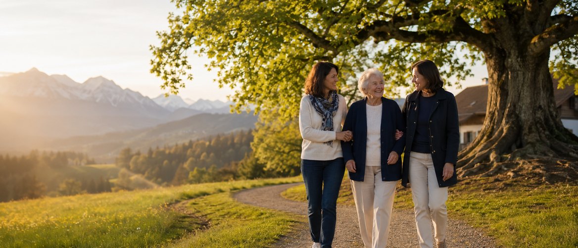 Eine Familie kehrt im Abendlicht unter einen grossen, weit ausladenden Baum zurück