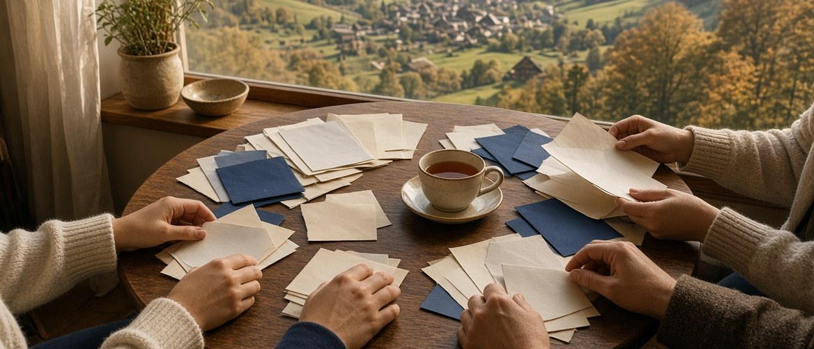 Hände um einen Holztisch mit Papieren und einer Tasse Tee