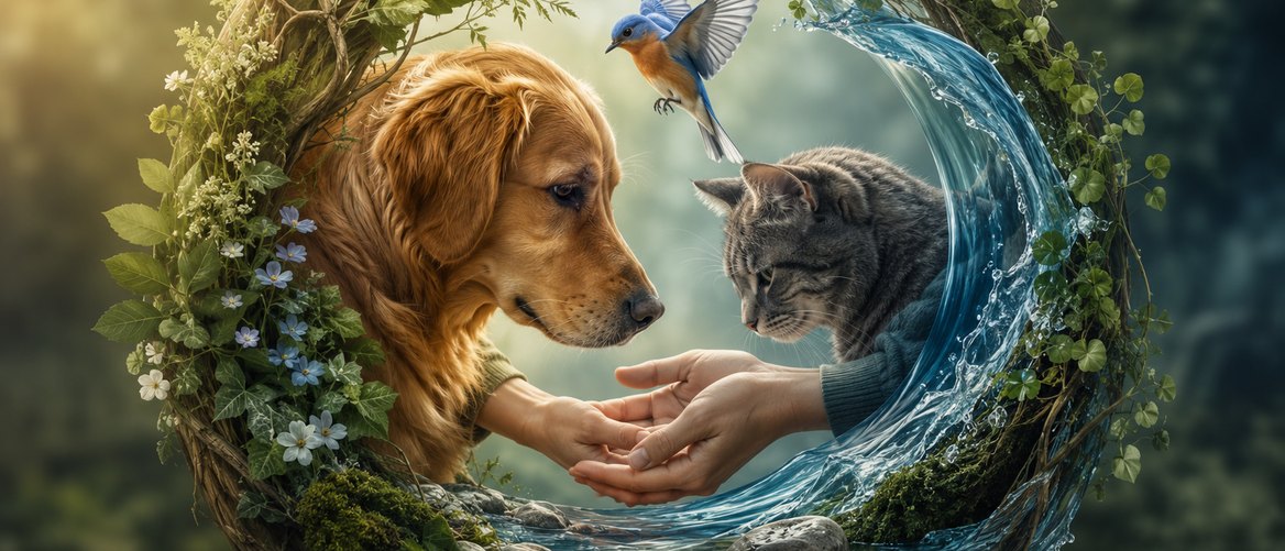 Tiere aus dem Alltag in einem warmen Kreis beieinander