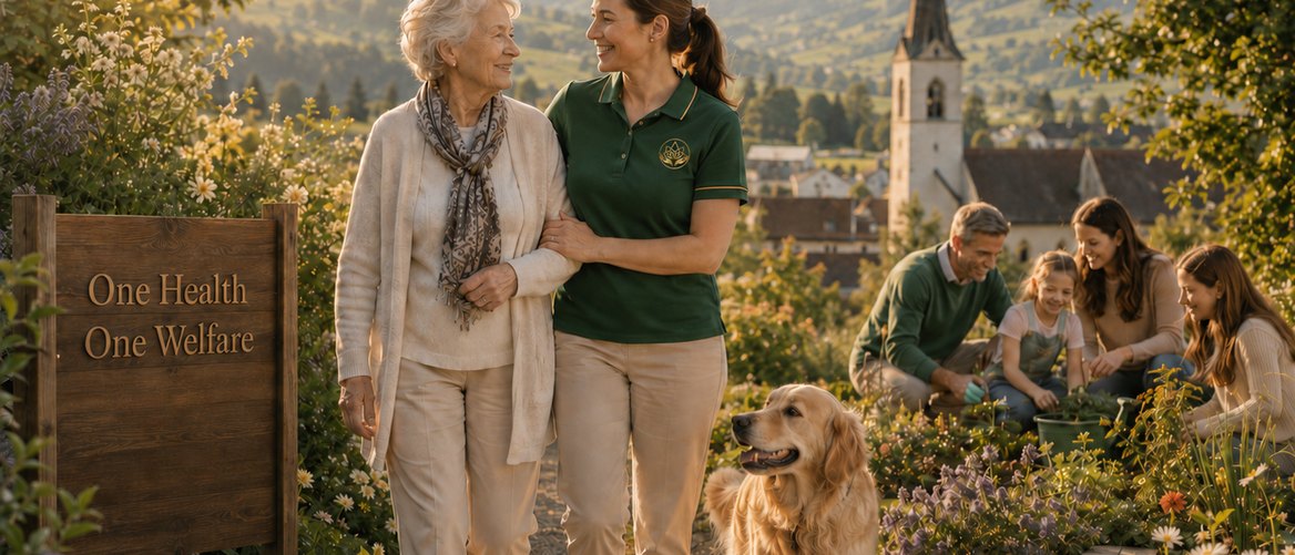 Eine Begleiterin, eine ältere Person und ein Hund unterwegs in den Alpen