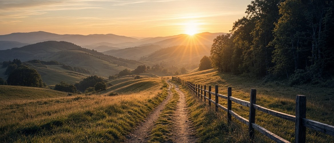 Ein schmaler Fussweg durch Grasland bei Sonnenaufgang, Holzzaun daneben
