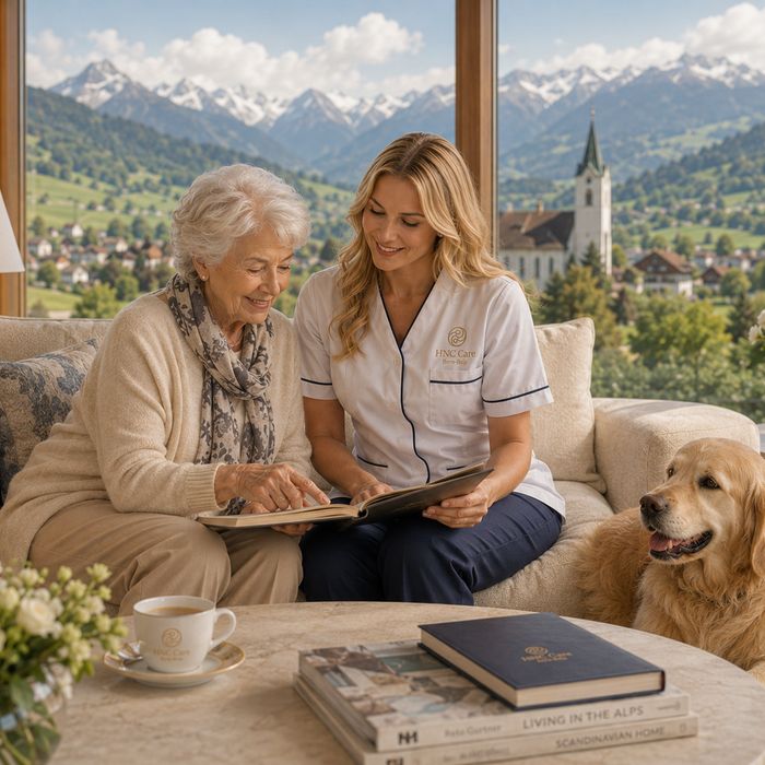 Eine Betreuerin liest einer Seniorin vor