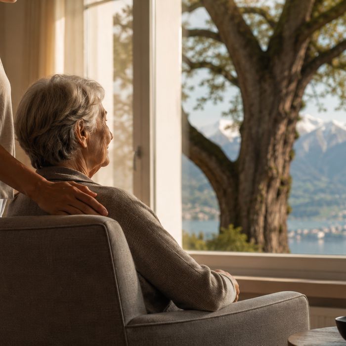 Eine Seniorin im Sessel am Fenster, draussen ein Baum