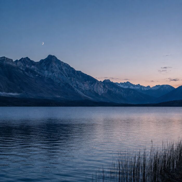 Ein Bergsee in der blauen Stunde, eine schmale Mondsichel über den Gipfeln
