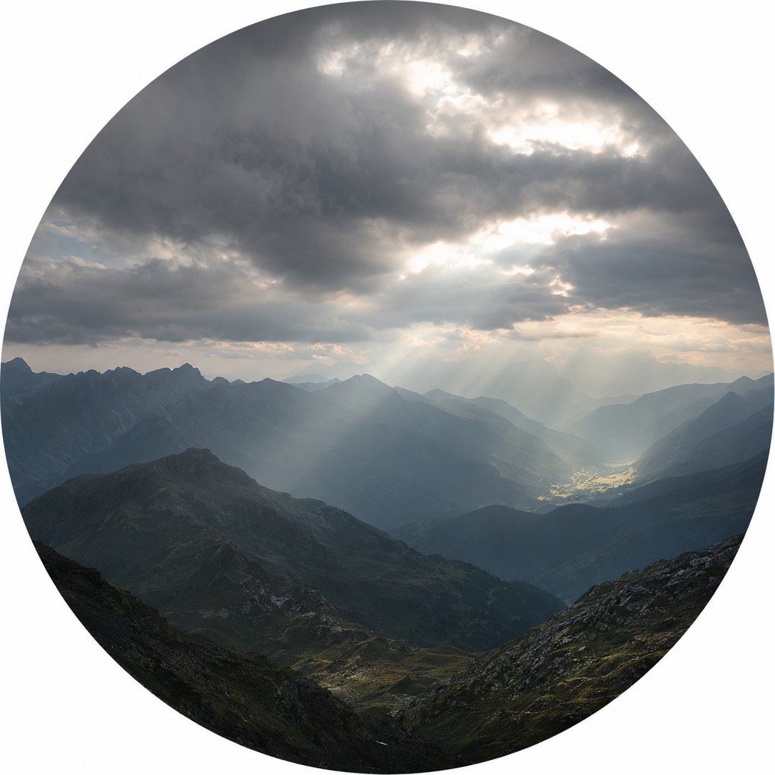 Morgenlicht bricht über weite Alpentäler