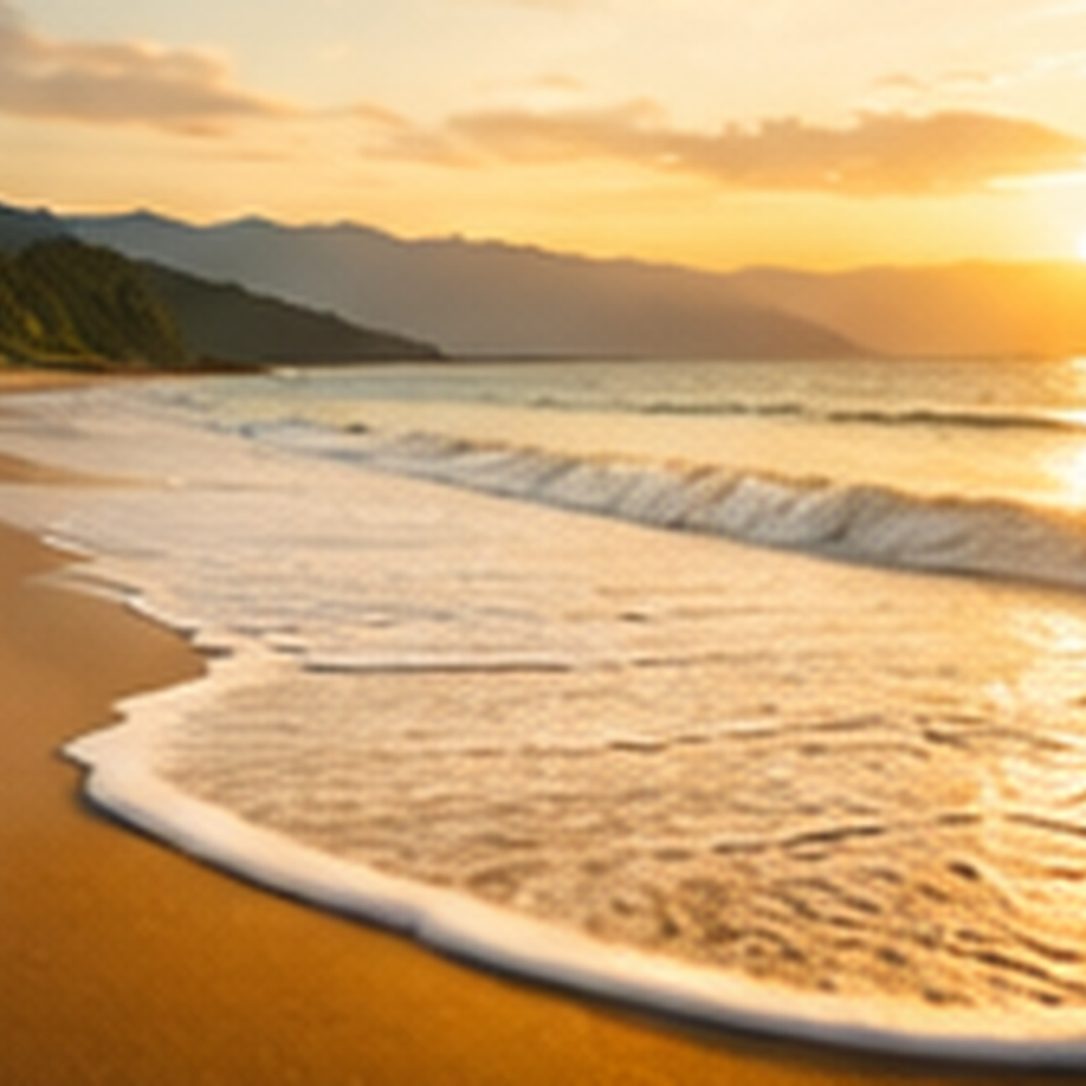 Strand mit sanfter Welle im goldenen Sonnenuntergang
