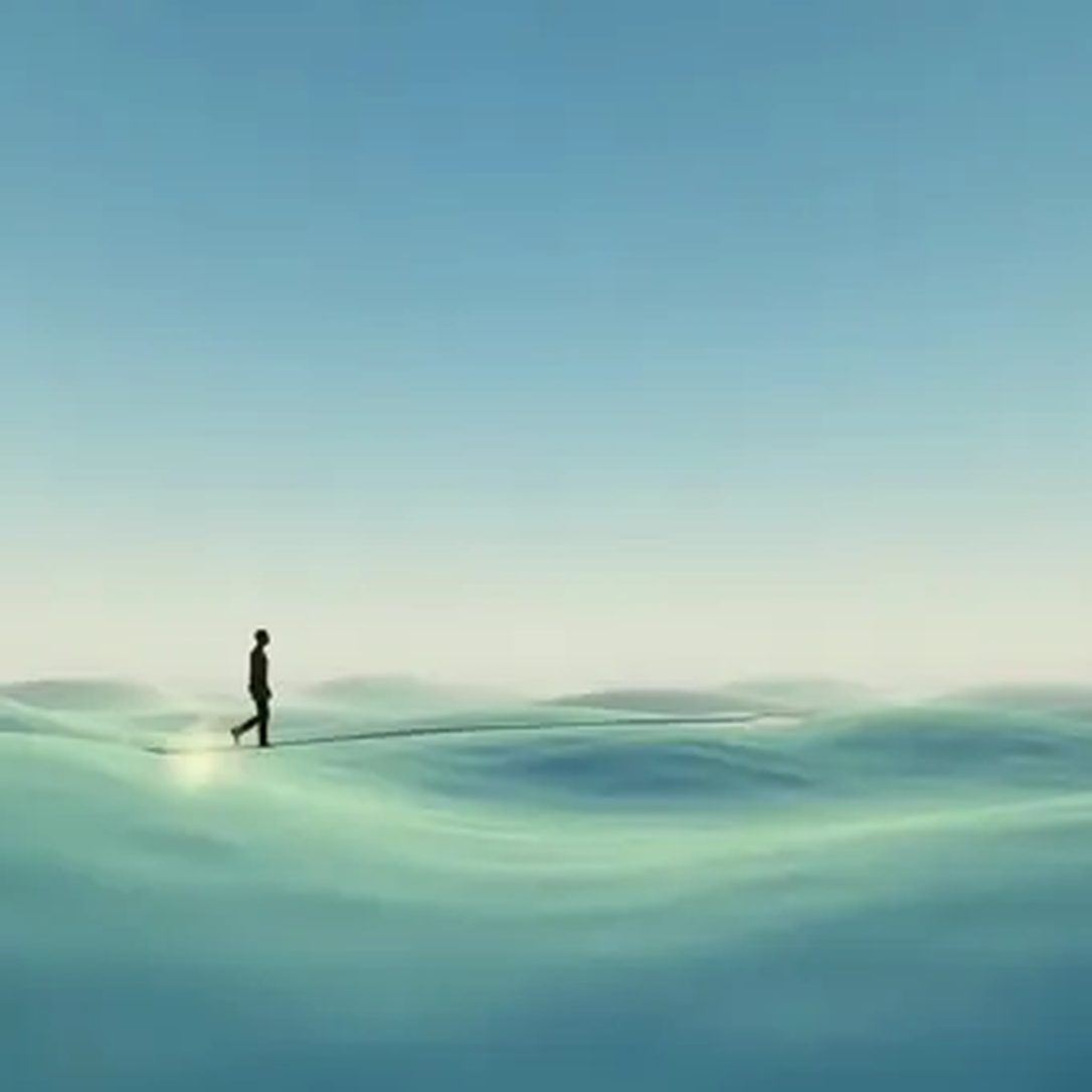 Eine Gestalt geht über stilisierte Wasserflächen