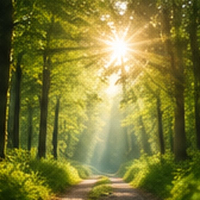 Ein Waldweg, Sonnenstrahlen fallen durch das Grün
